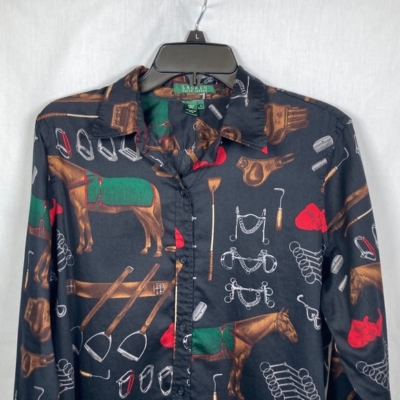 Lauren Ralph Lauren Women's Black Equestrian Horse Print Button-Down Shirt - Picture 4 of 15
